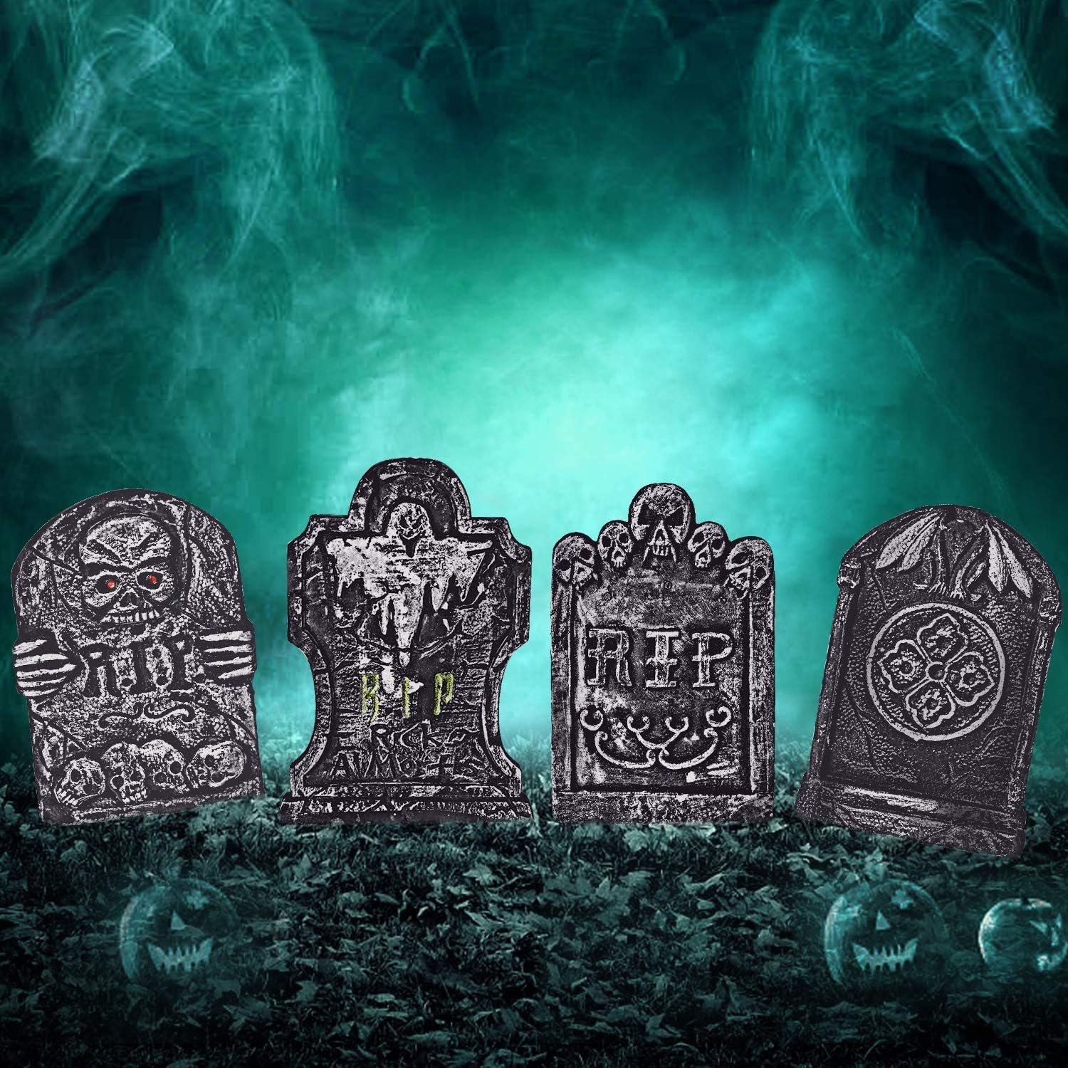 BELANT Halloween Decorations 15 Graveyard Tombstones Assortment Foam RIP Headstone Decorations with 8 Bonus Stakes for Outdoor Halloween Yard Decorations, Pack of 4