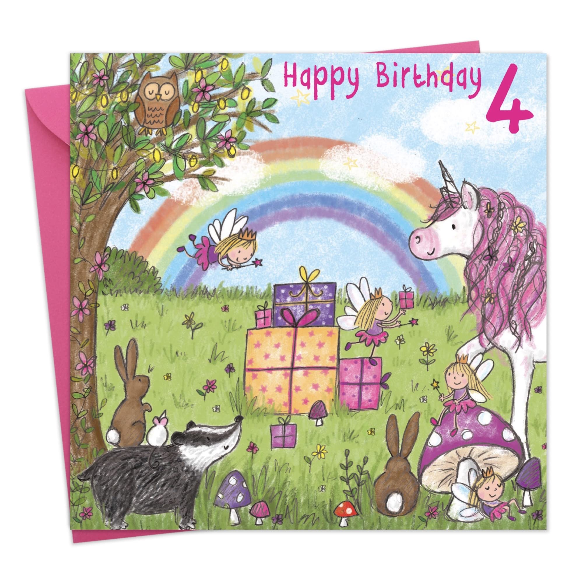 Twizler 4th Birthday Card for Girl with Unicorn - Girls Age 4 Year Old Childrens Happy Birthday Card Gifts