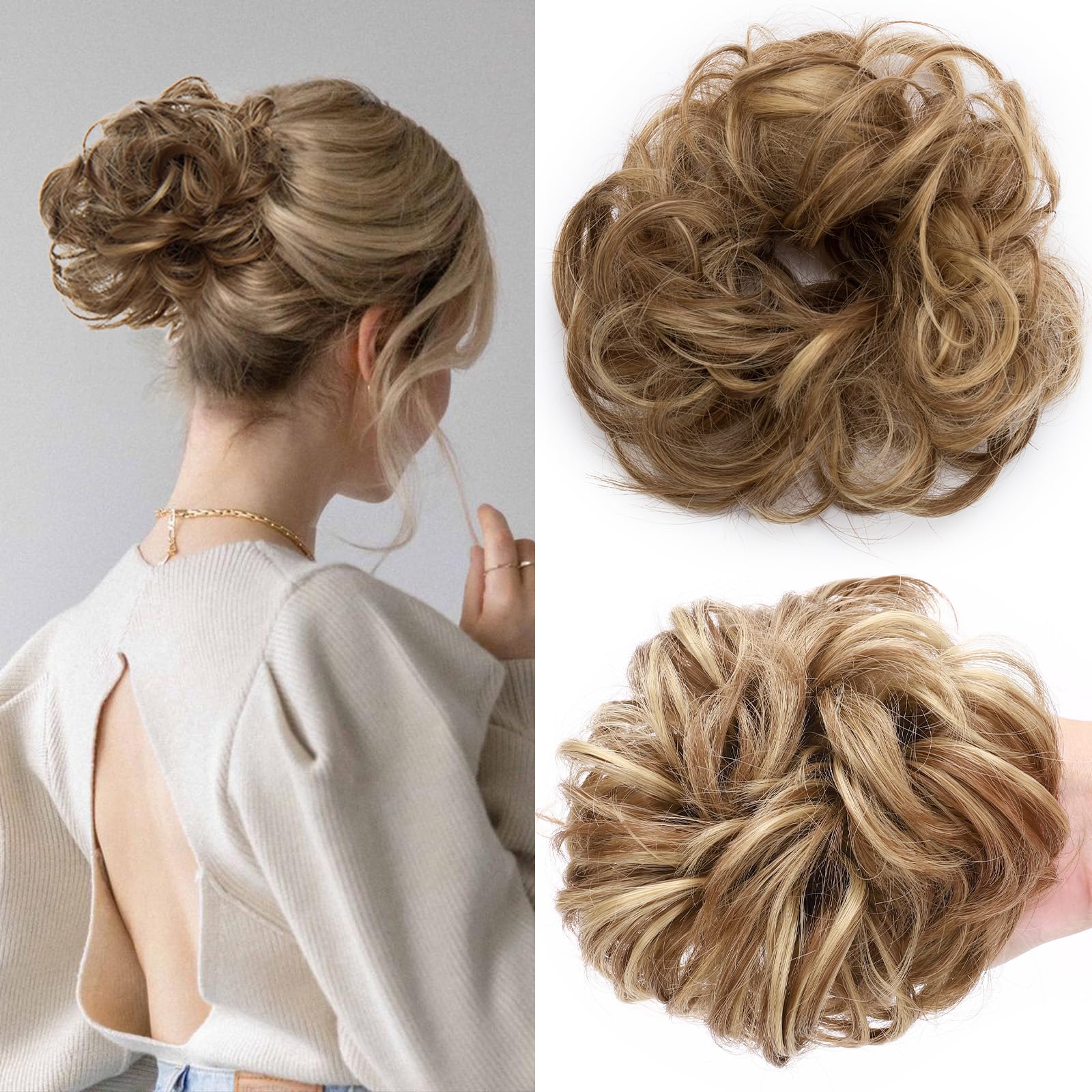 SEGOHAIR Messy Bun Hair Piece Fake Hair Bun Hair Scrunchies Bun - Lightweight 25g Synthetic Hair Bun Piece for Women, Light Brown to Ash Blonde Curly Wavy Elastic updo Scrunchy Bun