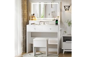 Haewon White Vanity Desk with Mirror, Lights and Charging Station, Makeup Table Set with 4 Drawers, Storage Chair, Makeup Desk Dressing Table with 3 Lighting Modes for Bedroom