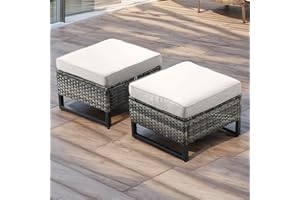 HUMMUH Outdoor Ottomans for Patio Set of 2 PE Wicker Outdoor Footstool with Removable Weather-Resistant Cushions for Patio, Backyard