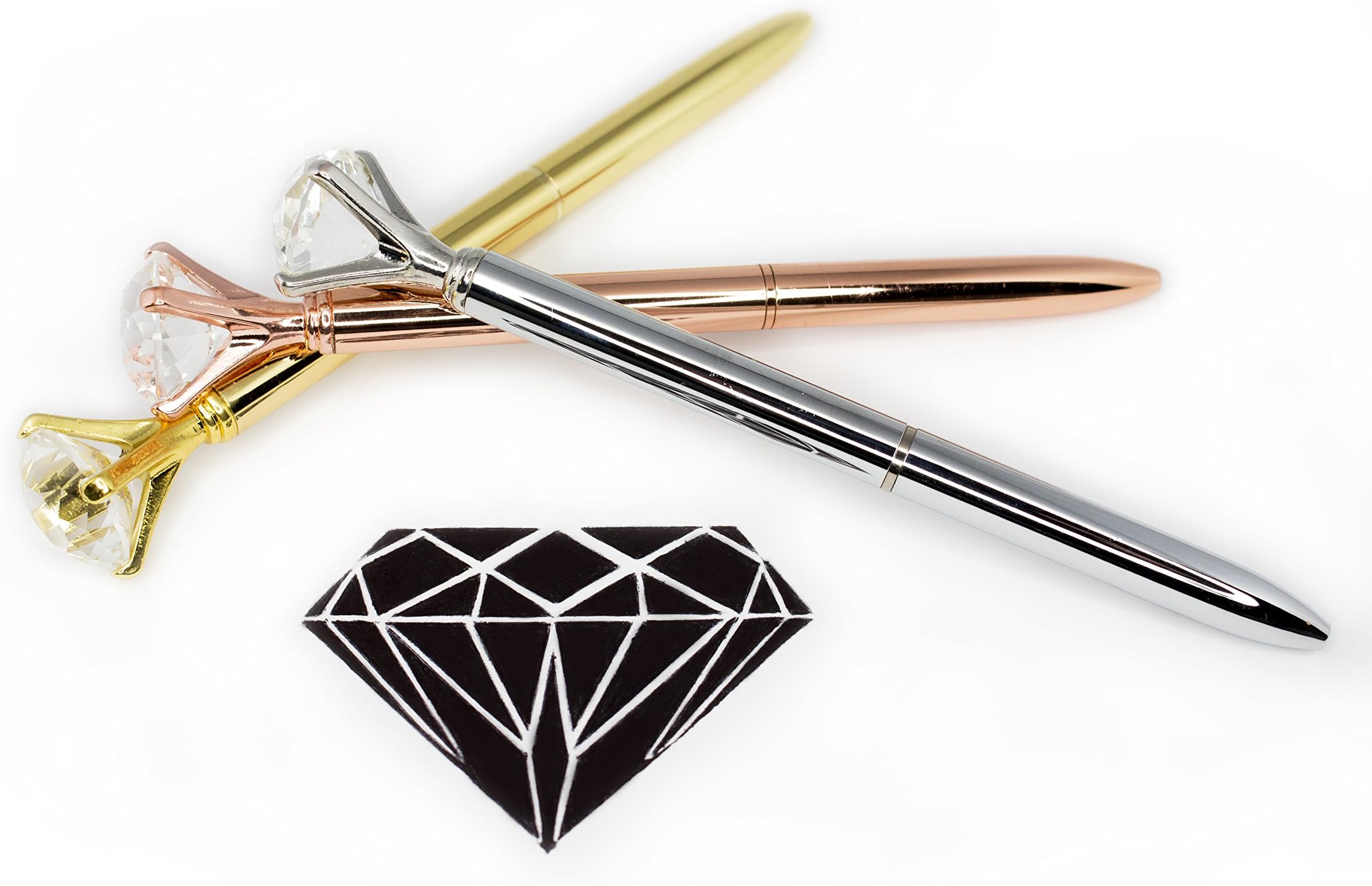 Diamond Pens - Pack of 3 Crystal Ballpoint Pens with 6 Ink Refills - Twist Retractable Pens in Silver, Gold & Rose Gold Colours - Black Ink - A Novel Gift - Best for Writing - By Hieno Supplies