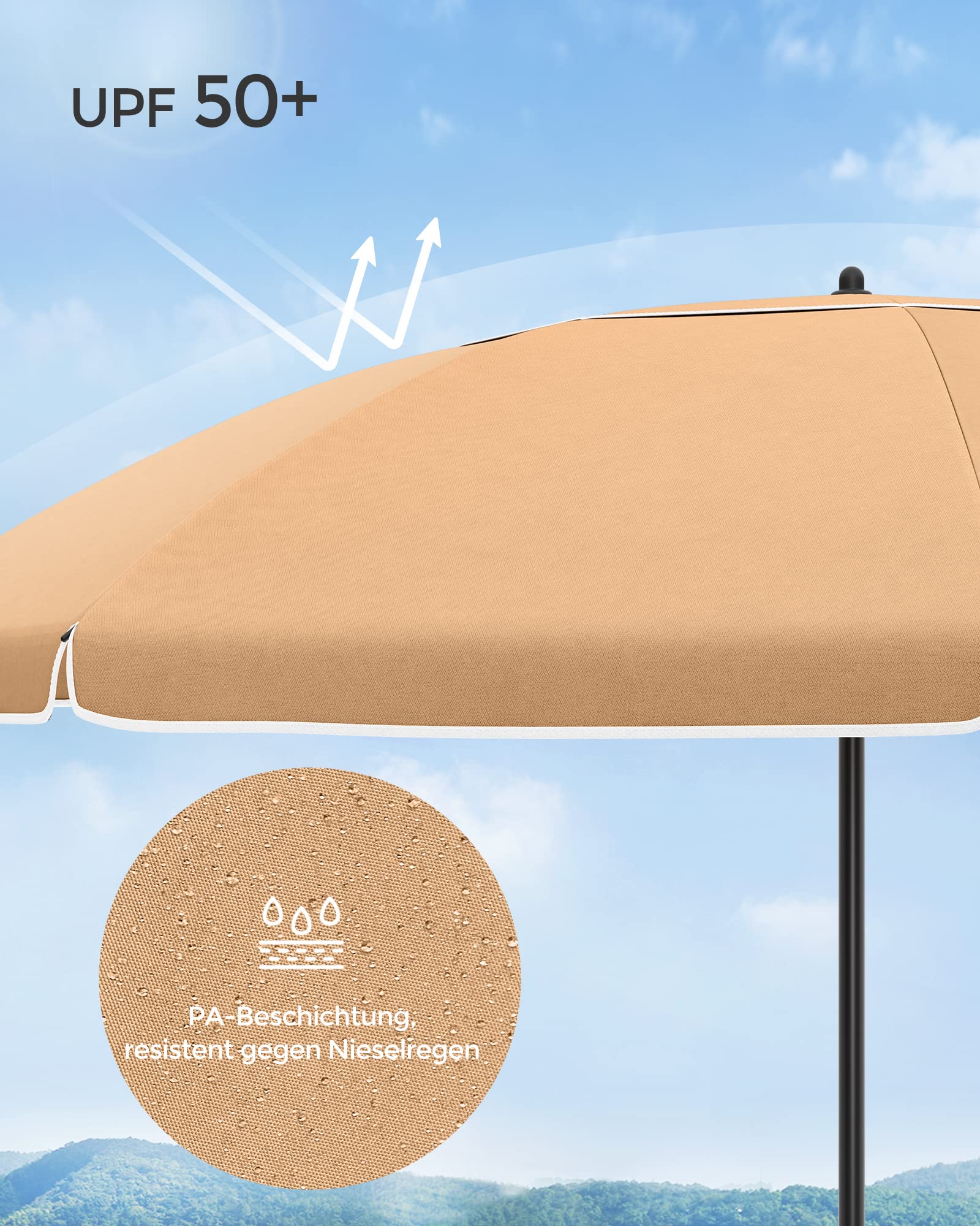 SONGMICS Sonnenschirm, 160 cm, Sonnenschutz UPF 50+, um 30° in 2 Richtungen neigbar, höhenverstellbar, mit Tragetasche, für Balkon, Garten, Terrasse, Strand, ohne Sockel, Taupe GPU60BR 5