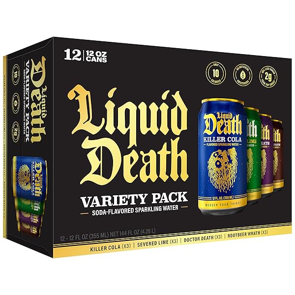 LIQUID DEATH, SODA-FLAVORED SPARKLING WATER VARIETY PACK, 12-PACK (12OZ CANS), LOW CALORIE & NO ARTIFICIAL SWEETENERS, 4 FLAVORS: SEVERED LIME, DOCTOR DEATH, KILLER COLA, AND ROOTBEER WRATH