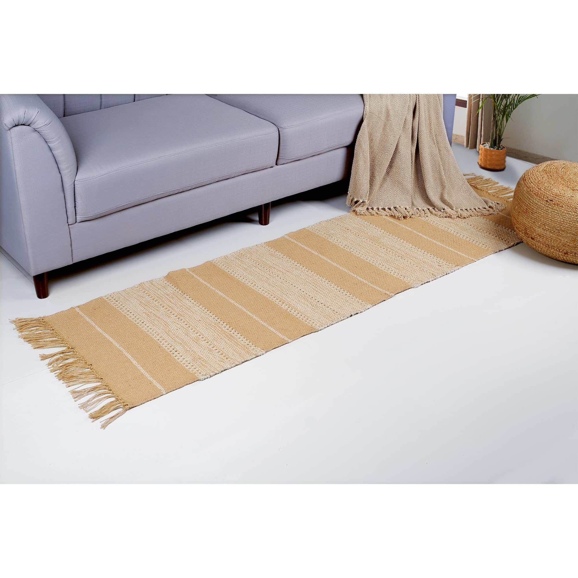 ETHNICITI Cotton Jute Slub Weave Shoddy Braided Beige Natural Eco-friendly Reversible Flat Kilim Dhurrie Area Rug Mat Hallway Bedroom Lounge Living Dining Utility Room Pet Yoga - 60 x 200cm (2'x6'6")