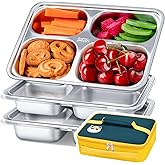 KTKUDY 3 Pack Stainless Steel Snack & Lunch Containers for Kids & Adults - with Plastic Lids & Lunch Bag - 4 Compartments Metal Bento Lunch Box - Meal Prep Containers - Toddler & Kids Plates