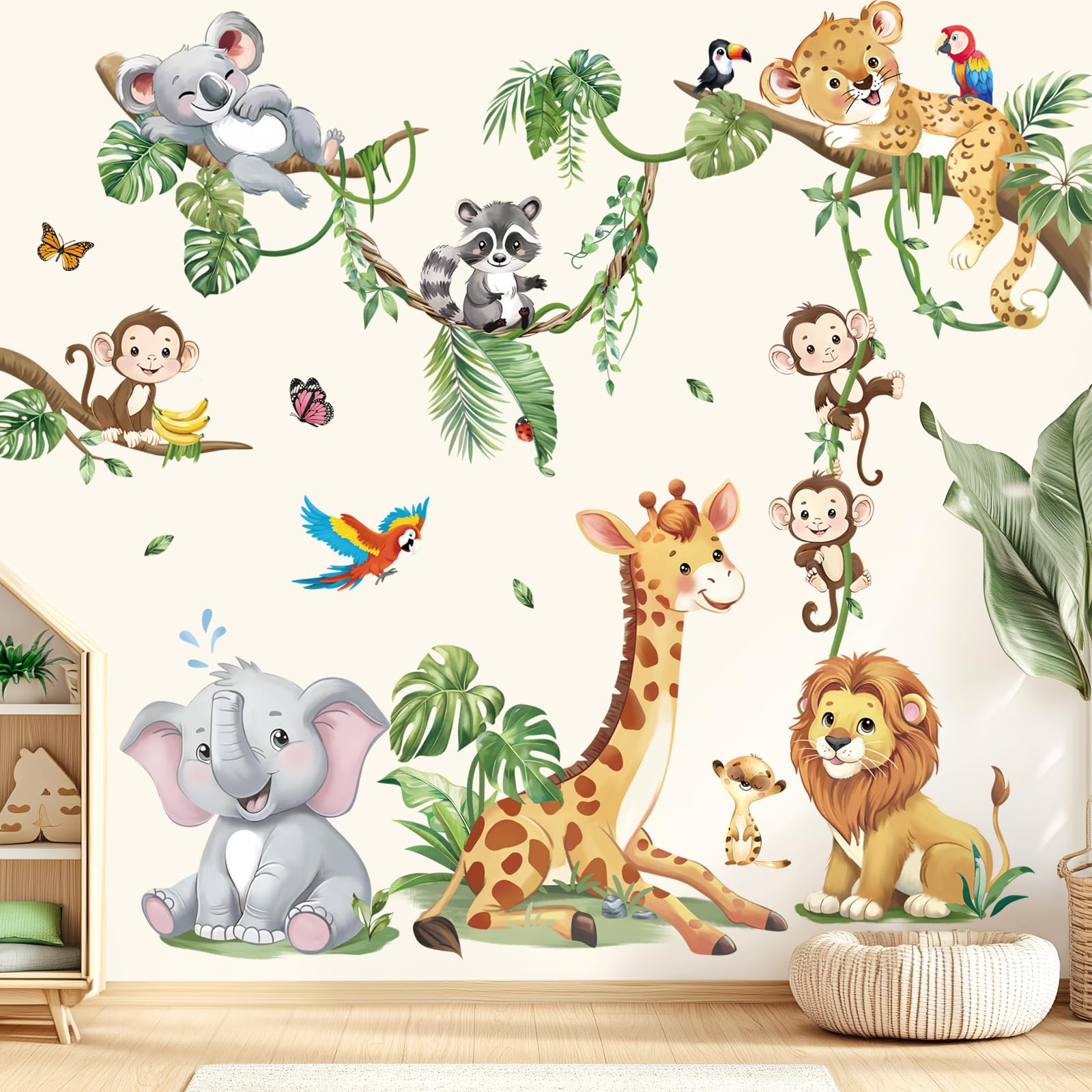 Photo 1 of decalmile Safari Animals Tree Branch Wall Stickers Jungle Animals Giraffe Elephant Leopard Tropical Leaves Wall Decals Baby Nursery Kids Room Wall Decor
