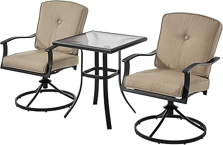 Amazon Com Mainstay Patio Bistro Set Seats 2 Cushioned Swivel Chairs Outdoor Small Space Deck Porch Tan Garden Outdoor