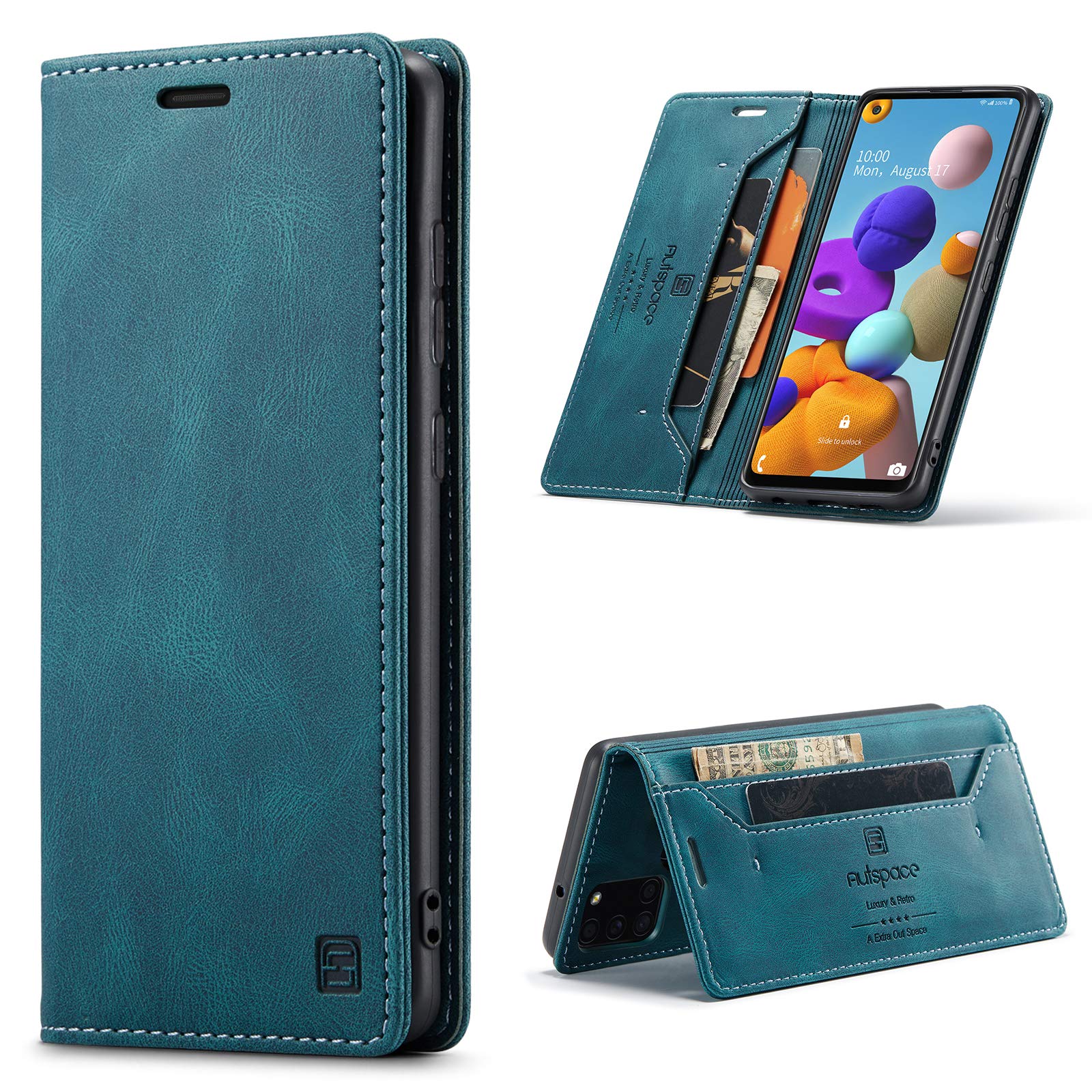 EYZUTAK Case for Samsung Galaxy A21S, Retro Matte Protective Leather Case with RFID Blocking Viewing Stand Magnetic Closure TPU Shell Flip Cover - Blue