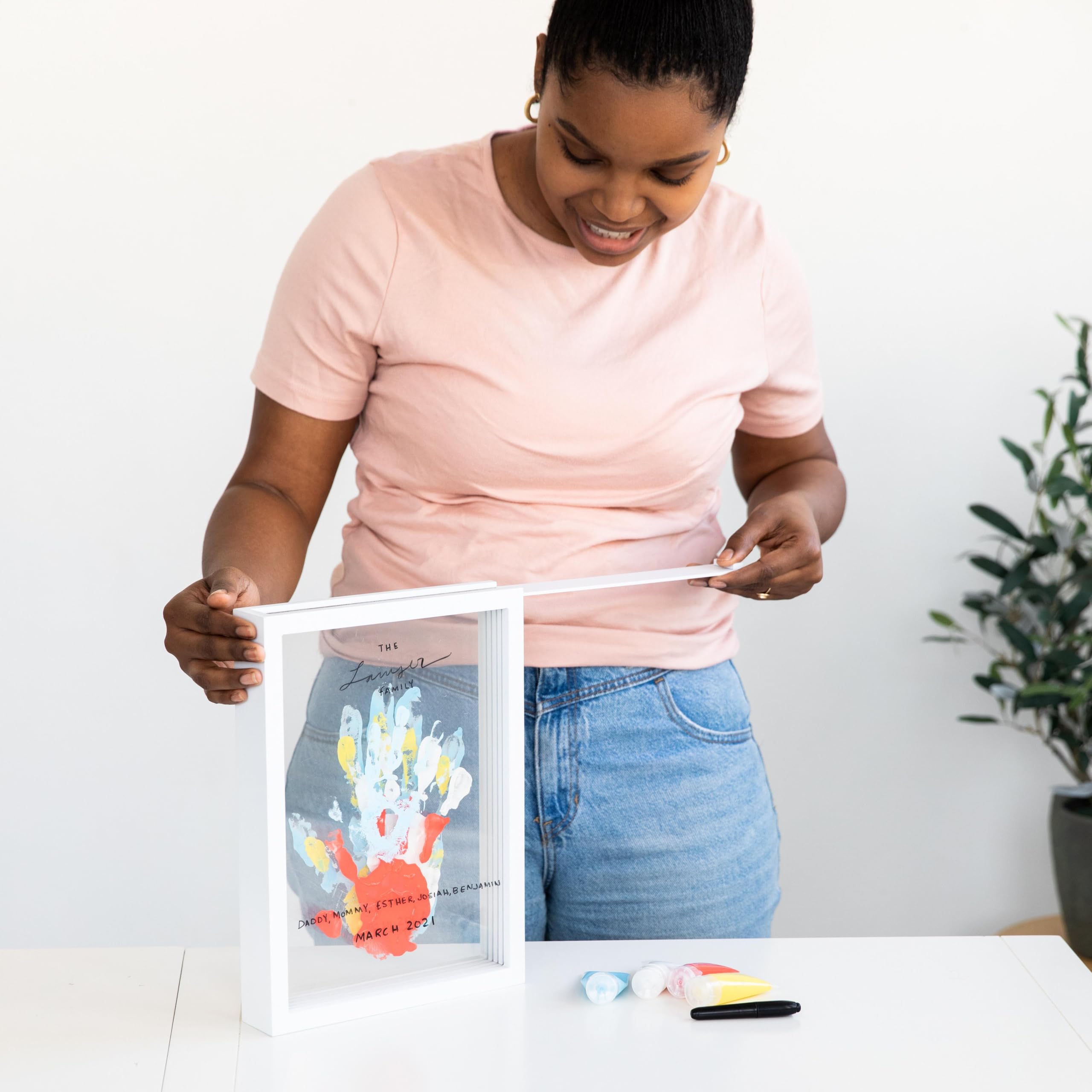 Pearhead Clear Family Handprint Frame, DIY Art Print Keepsake, Home Decor, Gift for New and Expecting Parents, 4 Paint Colors Included