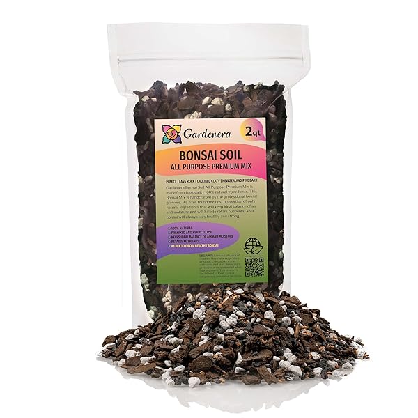 PREMIUM BONSAI SOIL ALL PURPOSE FAST DRAINING MIX – PUMICE, LAVA, CALCINED CLAY AND PINE BARK POTTING PRE MIXED BONSAI PLANT SOIL MIXTURE BY GARDENERA- MADE IN USA – (2 QUART BAG)
