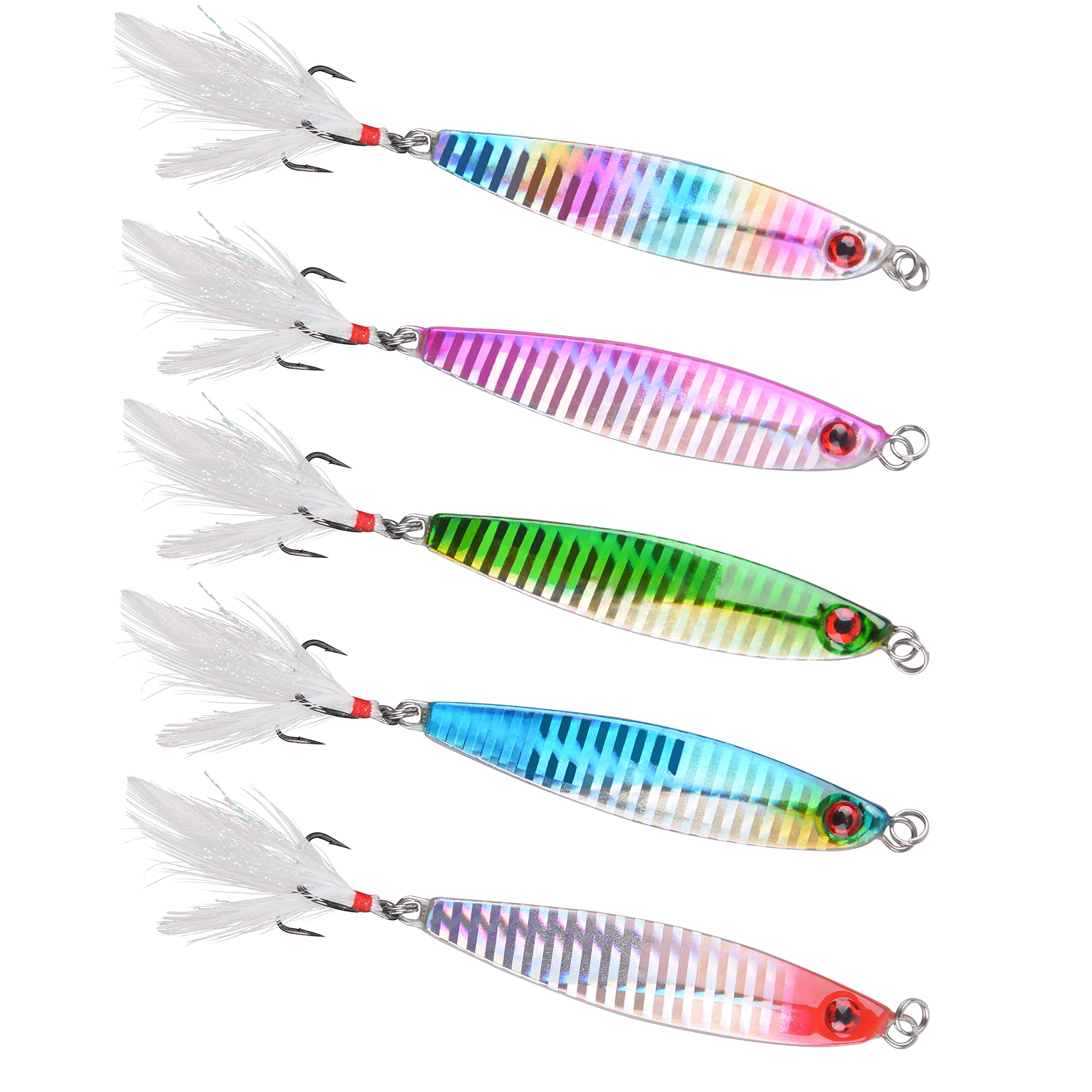 Fishing Lures Set, 5pcs Hard Metal Fishing Lure Sequins Spoons with Treble Hooks Feather Tail Sea Fishing Sinking Lure Artificial Bait for Saltwater Freshwater(40g-5pcs)