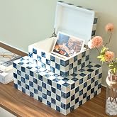 Chi An Home 12"x8" Decorative Capiz Boxes Keepsake Trunk, Navy Blue, Set 2 | Handmade capiz inlaid keepsake boxes for photos, blue checkered boxes, checkered box decor, blue storage box for bedroom