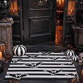 Moucuny Halloween Outdoor Rug, 23.62 x 35.43 In, Bat Stripe | Black White Bat Stripes, Cotton Woven Texture, Spooky Halloween Styling, Layered Porch Decor, Entryways and Parties