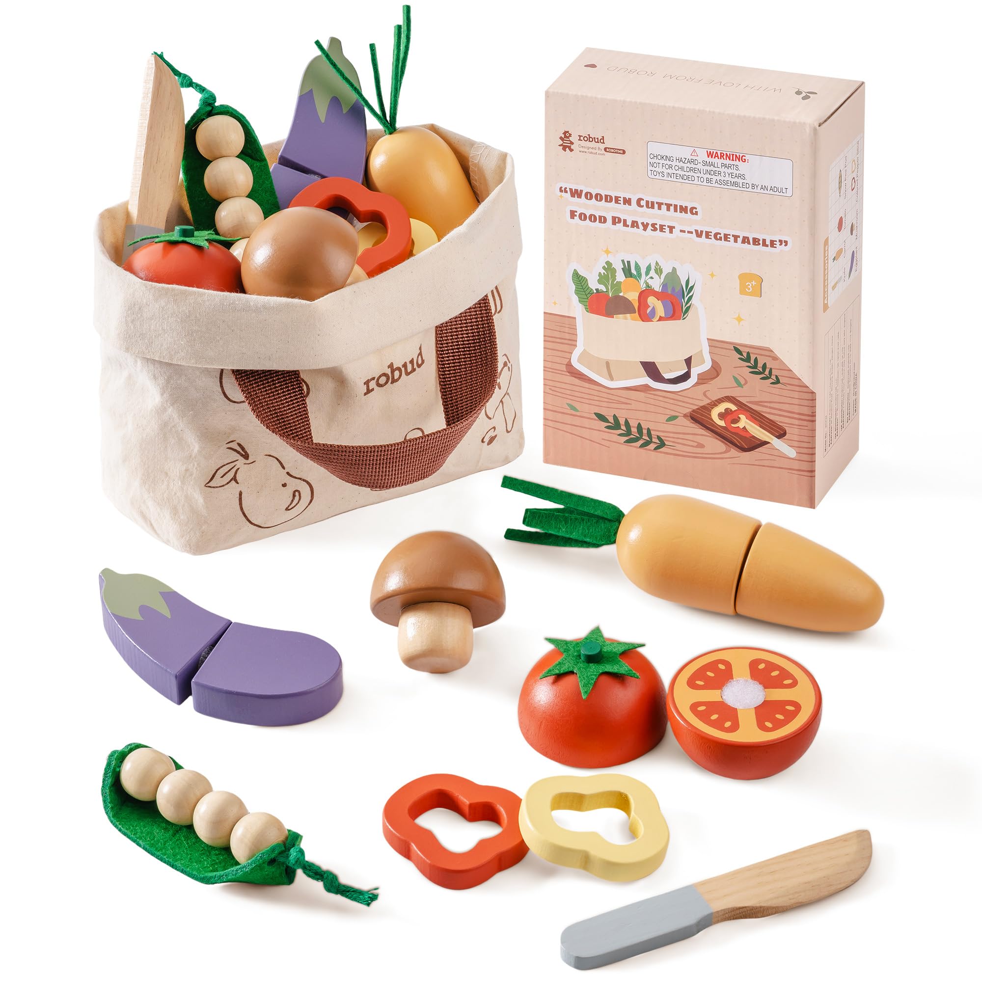 ROBUD Wooden Toy Food Set, Cutting Play Food for Kids Kitchen Accessories Pretend Toy Food Playset with Storage Bag, Toys Gifts for Girls Boys Age 3+, Vegetable Set