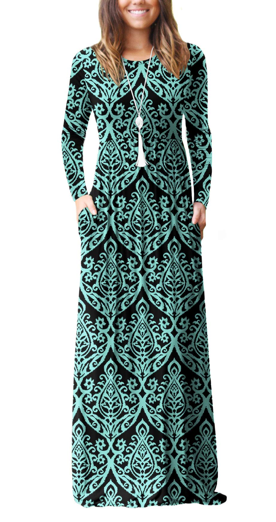 VIISHOW-Womens-Long-Sleeve-Floral-Dress-Loose-Plain-Maxi-Dresses-Casual-Long-Dresses-with-PocketsFloral-Black-GreenX-Small