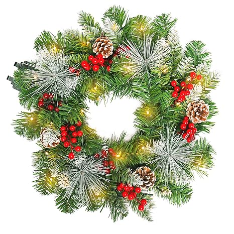 Weierr ø50cm Pvc Weihnachtskranz Mit 30 Leds Warmweiß Für Tür Deko Außen Weihnachtsdeko Türkranz Weihnachten Garland Mit Roten Beeren Tannenzapfen