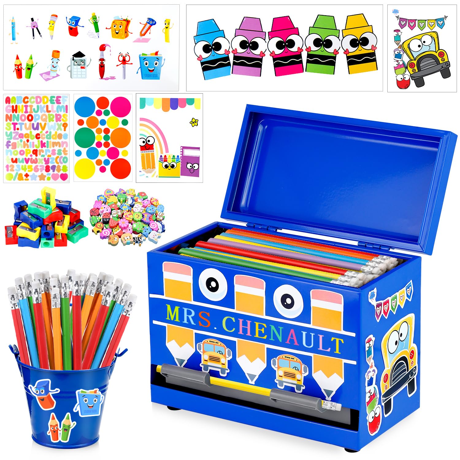 Photo 1 of ywevyezc 159Pcs Pencil Dispenser for Classroom,Pencil Dispenser Kit with Pencils Sharpener Erasers Stickers Metal Bucket,Pen Holder for Desk Classroom Teacher Must Haves Office Supplies (Blue)