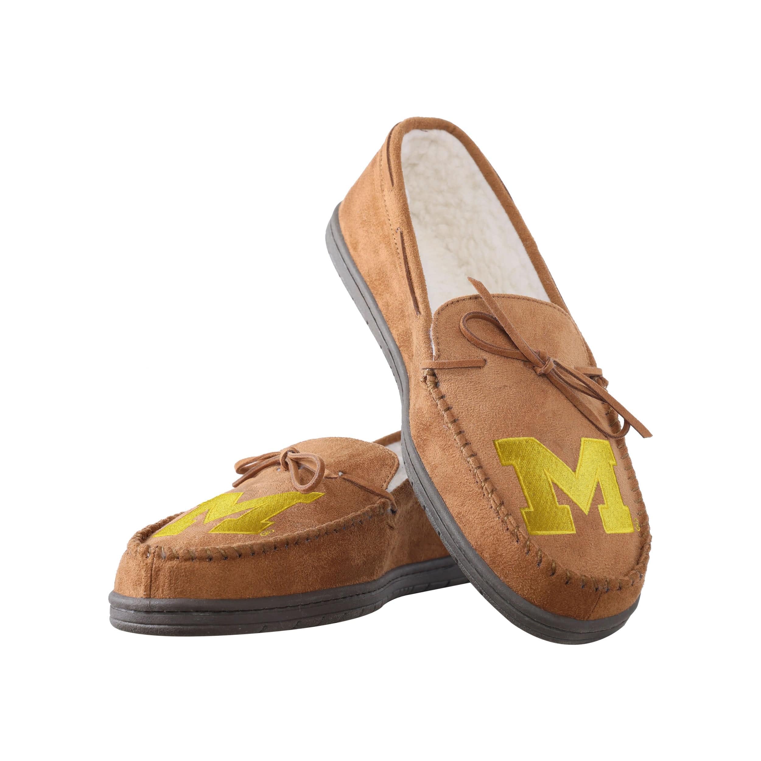 FOCO NCAA Michigan Wolverines Mens College Team Logo Moccasin Slippers, Tan, Medium (9-10) Image