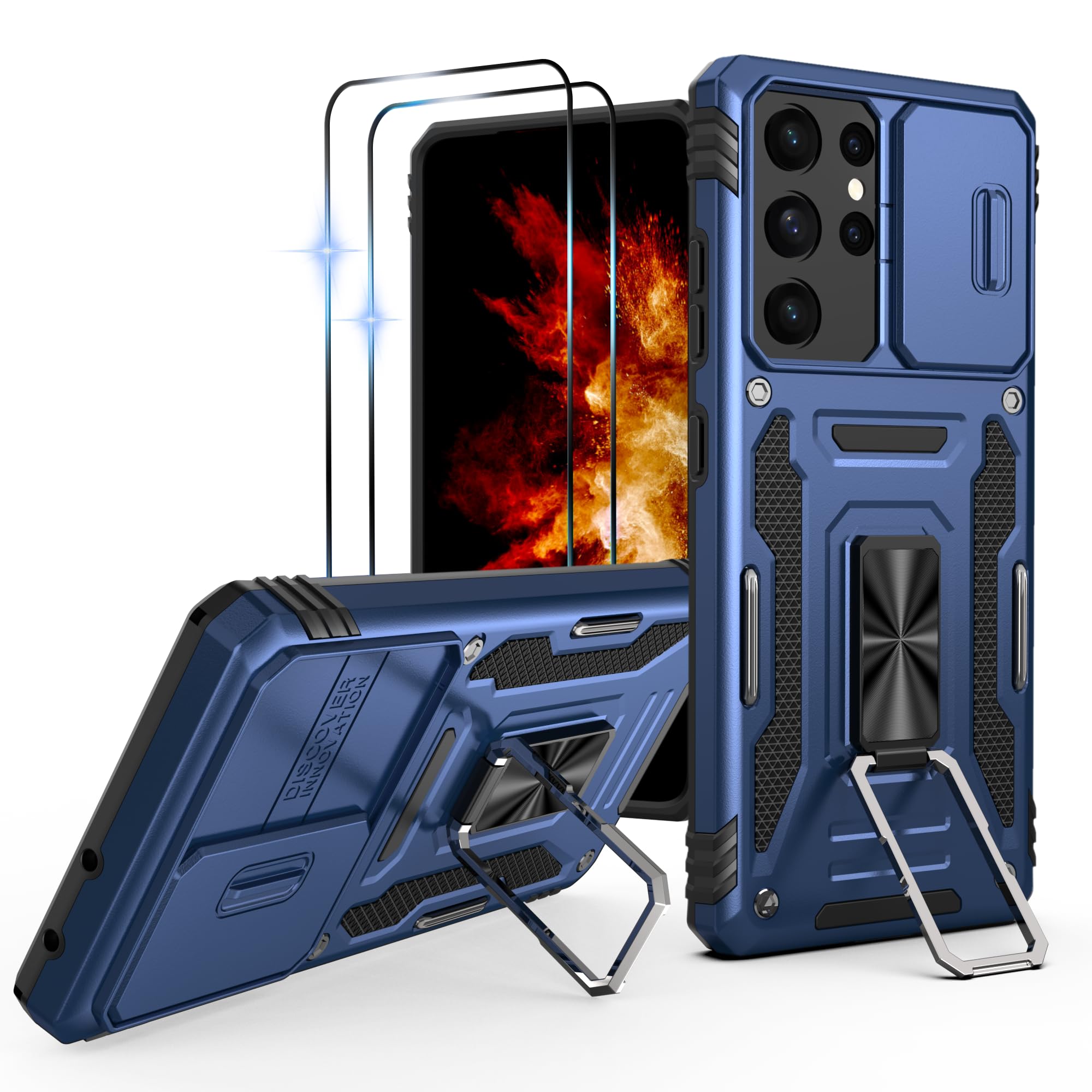 Aropuktek for Galaxy-S21-Ultra Case: with 2 PCS Screen Protector for S21 Ultra Phone Case, Longer & More Stable Kickstand, Slide Camera Cover, Heavy Duty Shockproof Case for S21 Ultra, Navy Blue
