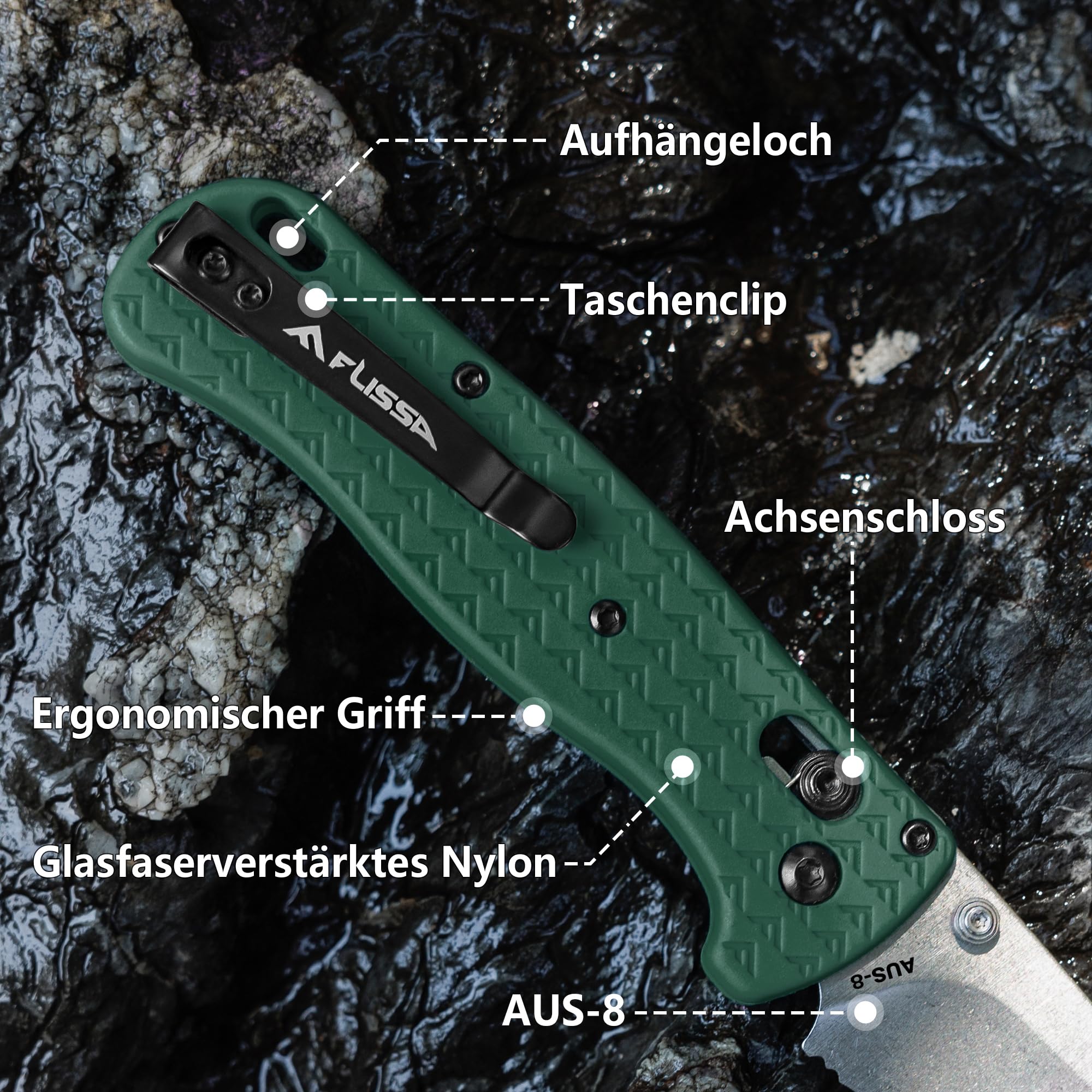 FLISSA Taschenmesser Klappmesser, AUS-8 Edelstahl, Scharfes Outdoor Messer mit Taschenclip, Klappbares Taschenmesser EDC Messer für Outdoor Jagd Camping, Grün 4