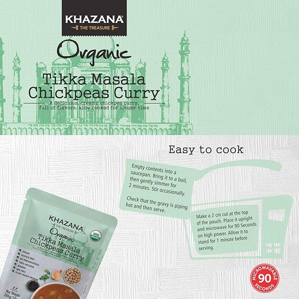 KHAZANA ORGANIC READY TO EAT MEALS – TIKKA MASALA CHICKPEAS CURRY (PACK OF 1, 10OZ POUCHES) – NON-GMO, VEGAN, GLUTEN FREE & KOSHER – AUTHENTIC INDIAN CUISINE IN 90 SECONDS!