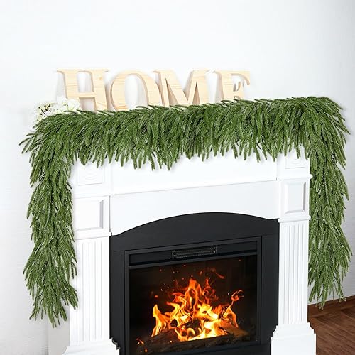 9FT Christmas Garland Realistic Real Touch Norfolk Pine Garland Decoration Winter Greenery Garland for Mantel Fireplace Table Centerpiece Decor