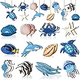 Purpeak 24 Pcs Summer Wooden Ornaments Ocean Beach Tree Decorations Coastal Wood Hanging Decor Beach Sea Animals Cutouts Hanging Ornaments Summer Decorations for Home Small Tree Party Office