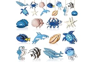 Purpeak 24 Pcs Summer Wooden Ornaments Ocean Beach Tree Decorations Coastal Wood Hanging Decor Beach Sea Animals Cutouts Summer Hanging Ornaments Summer Decorations for Home Small Tree Party Office