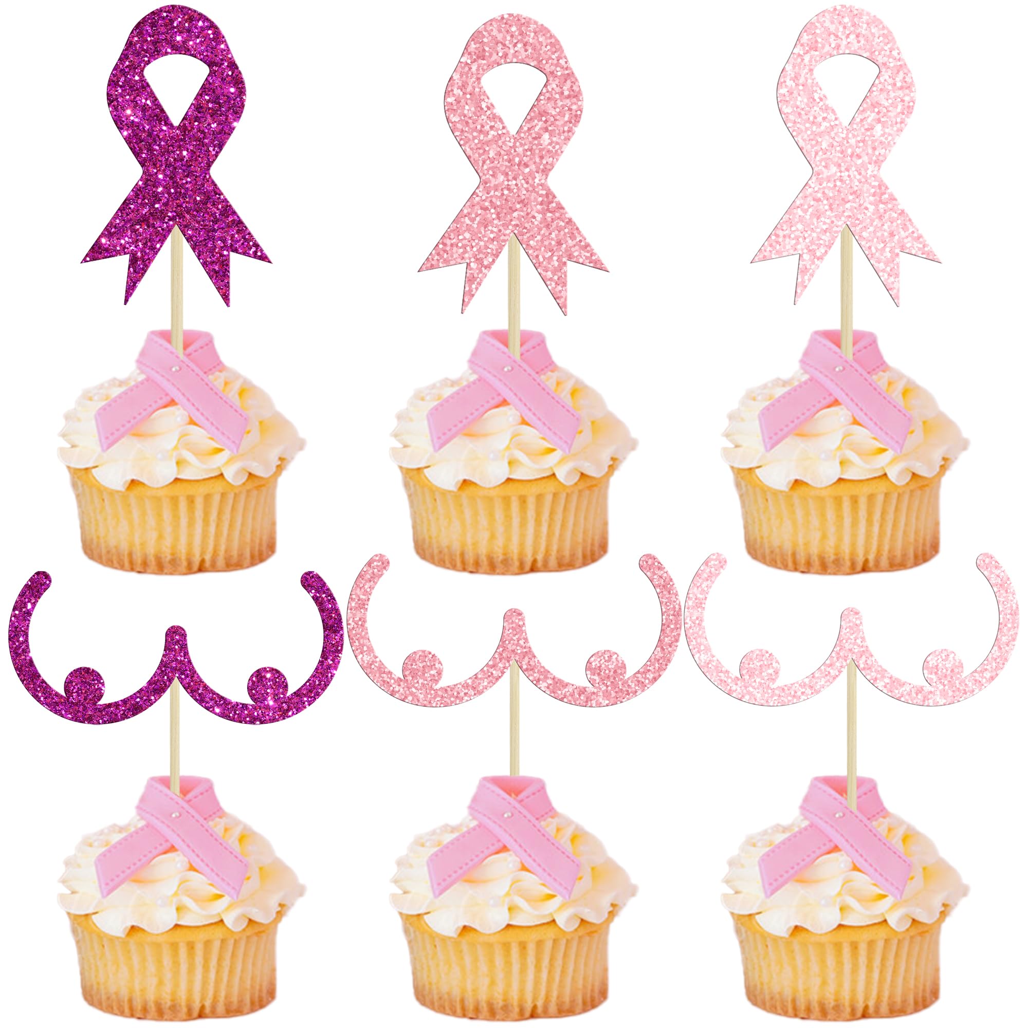 Gyufise 24Pcs Breast Cancer Awareness Cupcake Toppers Glitter Pink Ribbon Fight Believe Hope Cupcake Picks Believe Hope Pink Ribbon Cupcake Decorations Party Supplies Multi