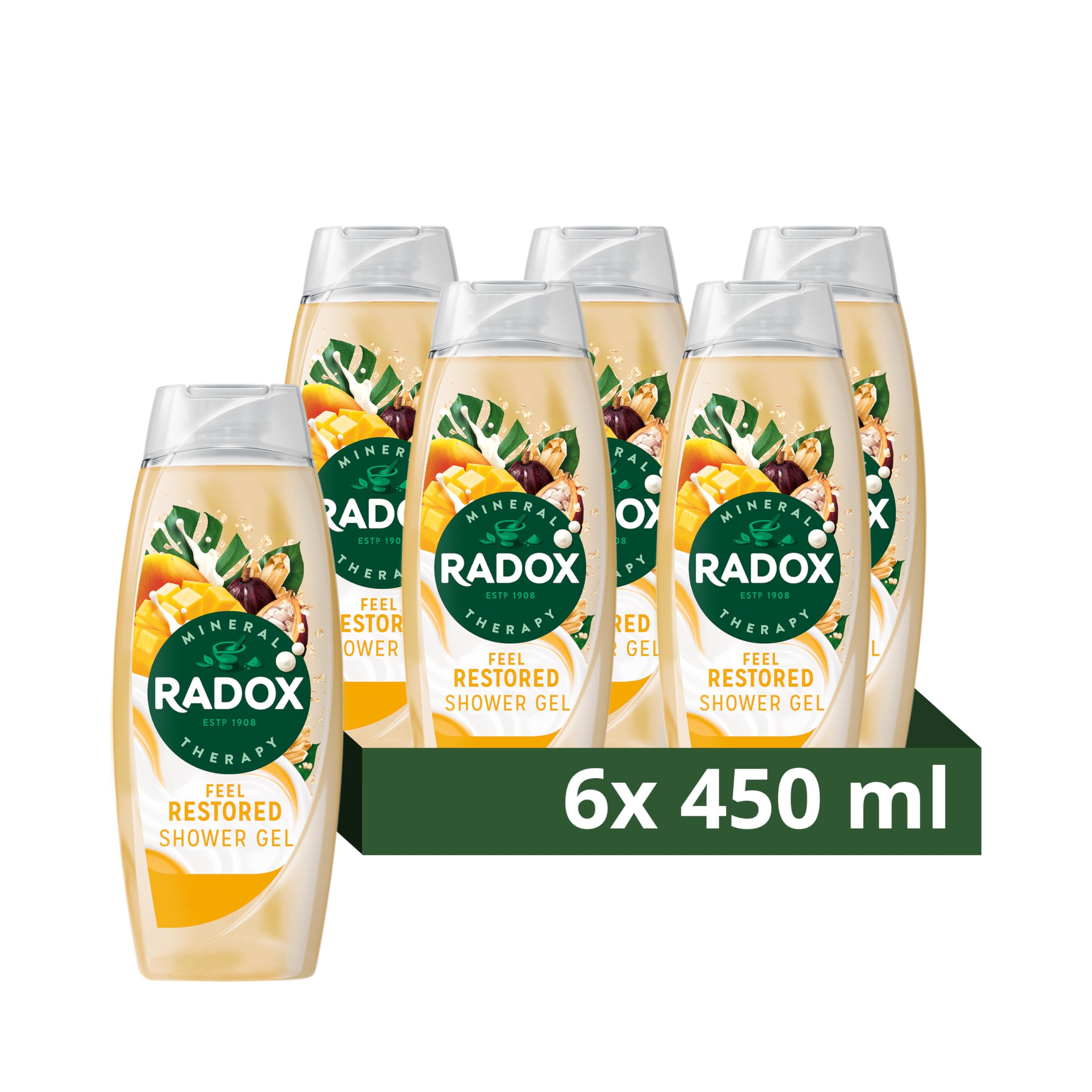 Radox Mineral Therapy Feel Restored Shower Cream Body Wash uniquely blended with minerals, herbs and a mango & cocoa butter scent for a mood-boosting experience 6x 450 ml