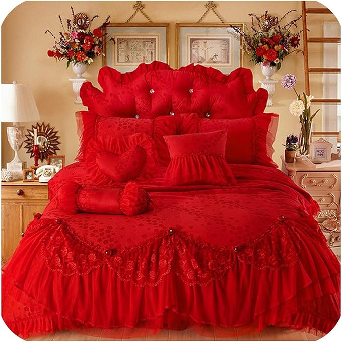 Amazon Com Luxury Wedding Bedding Set Purple Red Beige Lace Cotton Jacquard Bedding Sets Full Queen King Size Bedskirt Duvet Cover Set Color 3 Full Size 4pcs Home Kitchen
