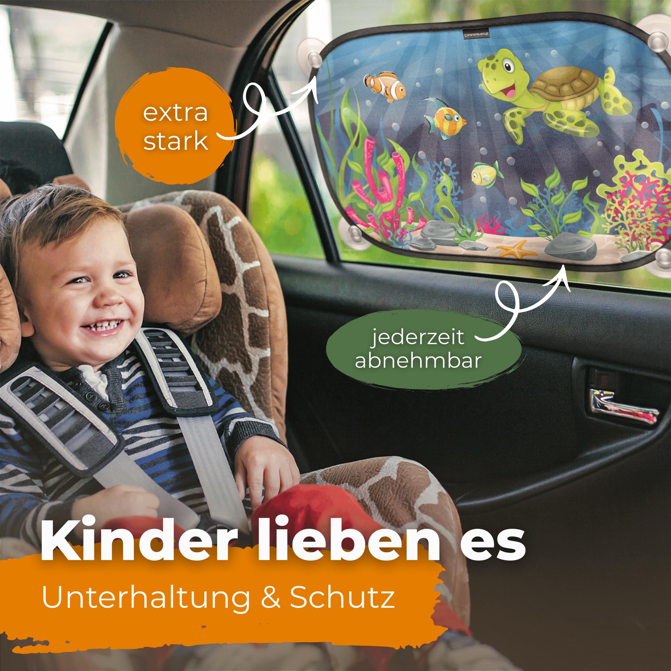 CARAMAZ Sonnenschutz Auto Baby mit zertifiziertem UV Schutz, universell passend 48 x 30 cm, 2 Stück Sonnenblende, mit Saugnäpfen, Motiv: Grün-Turtle 2