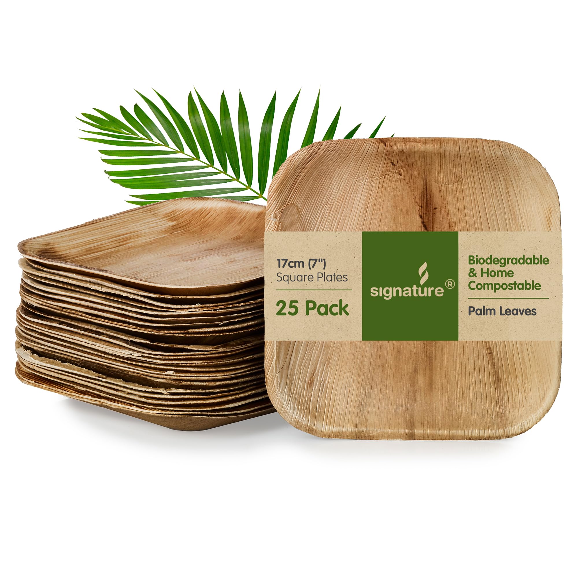Signature Packaging Disposable Palm Leaf Plates, Sturdy Eco-Friendly Biodegradable Compostable Plates for Hot Food, Weddings, Picnics, Parties and Outdoor Events - 7", (25 Pack) Square