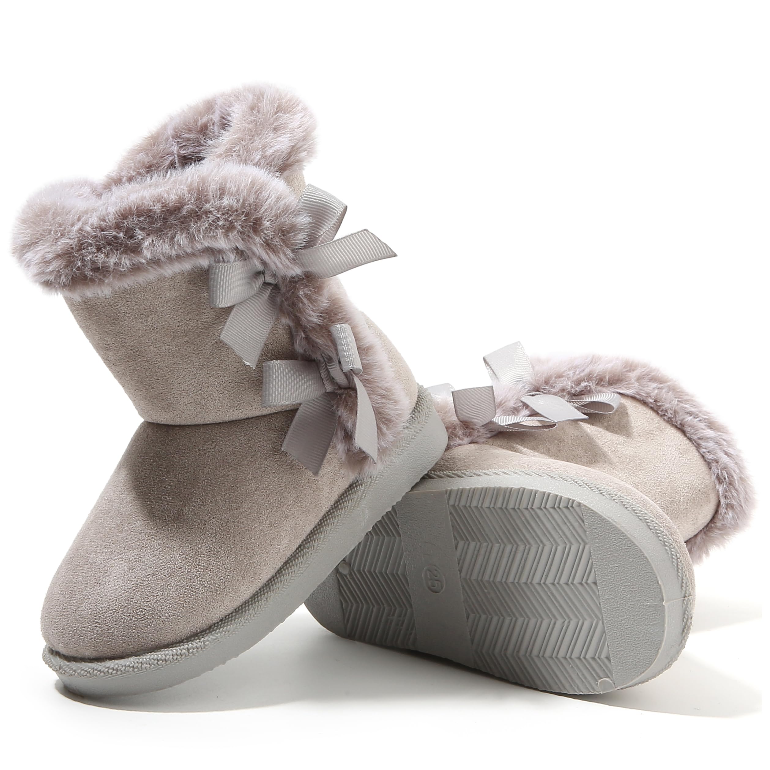 Photo 1 of **USED** Femizee Girls Suede Mid-Calf Winter Boots, Pull-On, Faux Fur Trim, 2 Side Ribbon Bows, Lightweight Everyday School Warm Snow Booties Size 12 Little Kid 1968 Gray