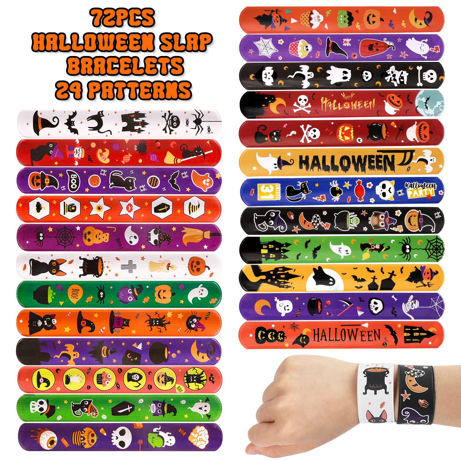 MGparty 72PCS Halloween Slap Bracelets 24 Halloween Theme Designs Spider Pumpkin Ghost Zombie Bat Witches Snap Bracelet for Kids Party Favors Toys Prizes Pinata Goodie Bags Fillers