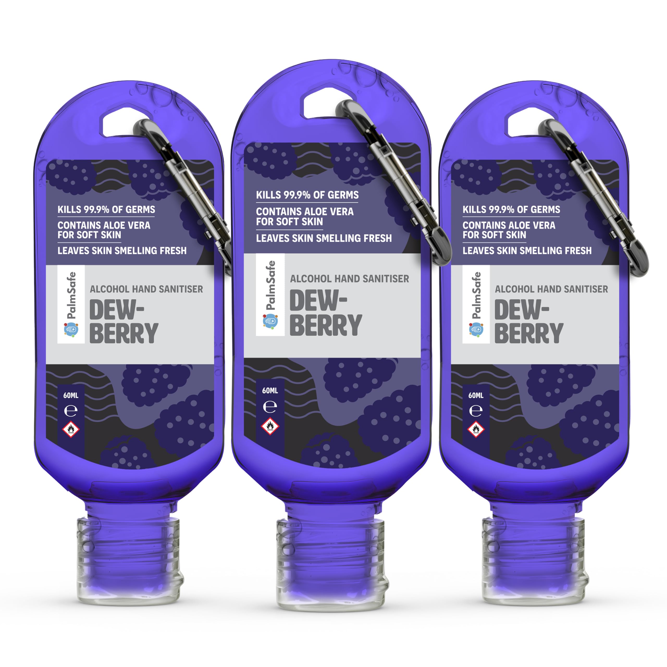 Palm Safe Dewberry 3 Pack 60ml Anti Bacterial Premium Hand Sanitiser Travel Size Refillable Clip Bottle Quick Drying Non Sticky Extra Moisturising Kills 99.9% of Viruses and Bacteria
