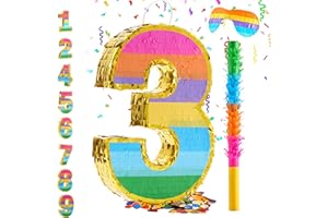 MUWOOB Rainbow Number 3 Pinata for 3rd Birthday Party Decorations, Birthday Pinata with Stick Blindfold and Confetti, Kids Anniversary Celebration, Fiesta (Small, 16.5 x 11.5 x 3 In)
