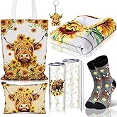 Tiangrid 6 Pcs Valentines Highland Cow Gifts for Women Include 20 oz Stainless Steel Tumbler with Lid and Straw Cosmetic Bag Throw Blanket Keychain Socks Handbag for Women Girls(Golden Yellow)