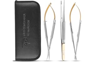 PLEASANT MEDICAL INSTRUMENT Castroviejo Micro Scissors Curved, Tungsten Carbide, Needle Holder, Tying Forcep Straight, 18 CM, 3PCS Surgical Instruments Set, Premium Stainless Steel