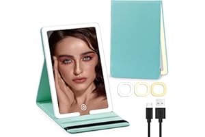 Jadazror Lighted Travel Makeup Mirror, PU Leather Folding Travel Mirror Compact Vanity Mirror with Lights, Portable Makeup Mirror with 3 Lighting Dimmable Touch Screen Rechargeable for Travel & Beauty