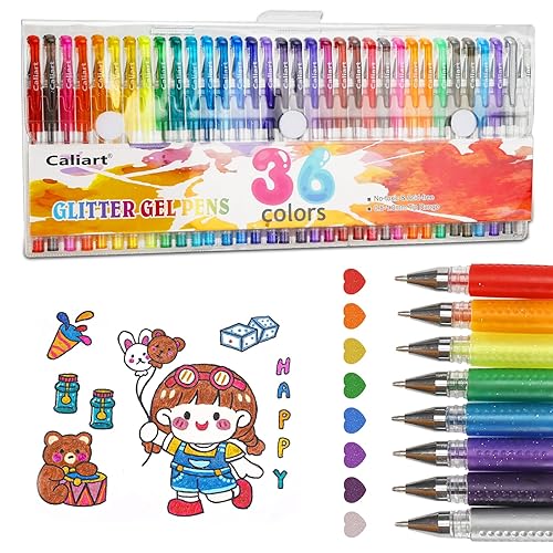 36 Color Glitter Gel Pens, Colored Neon Glitter Pen for Adult Coloring Books, 40% More Ink Fine Point, Art Supplies Stocking Stuffers Christmas Gifts for Adults Card Craft Drawing Journaling