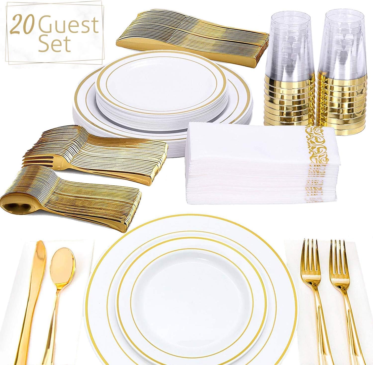 FineDining Disposable Dinnerware Set -Gold Plastic Silverware -Premium Quality for Weddings, Buffets -140 Pieces -20 napkins 20 Forks, 20 Spoons, 20 Knives, 20 Cups, 20 Dinner Plates, 20 Salad Plates