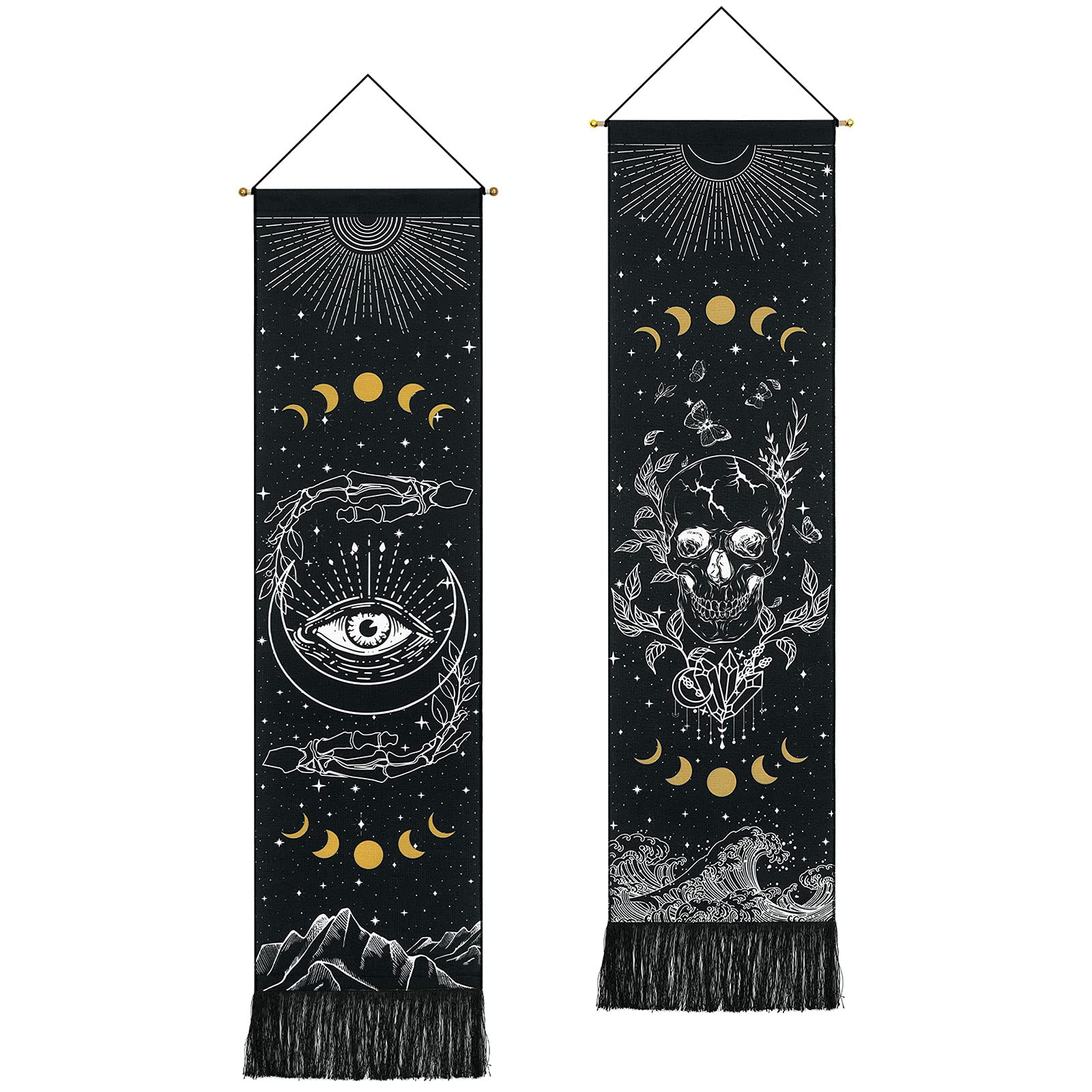 Yugarlibi 2 Pack Skull Tapestry Moon Phases Wall Hanging Black Evil Eye Steleton Hand Tapestry Ocean Wave Mountain Gothic Home Decor for Bedroom Living Room Dorm Home 130x32.5cm