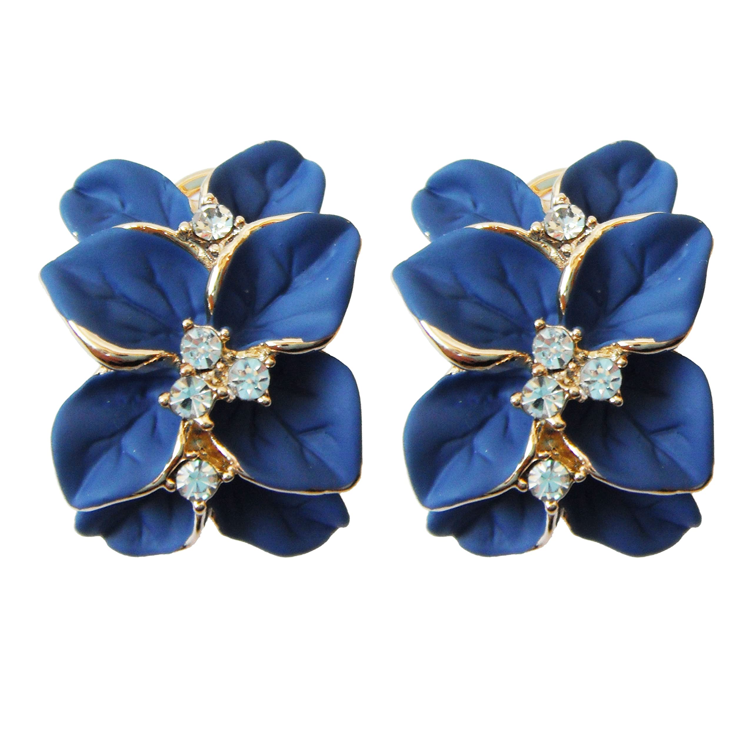 Navachi 18k Gold Plated Crystal Blue Enamel Leaves Flower Az2121e Omega Earrings
