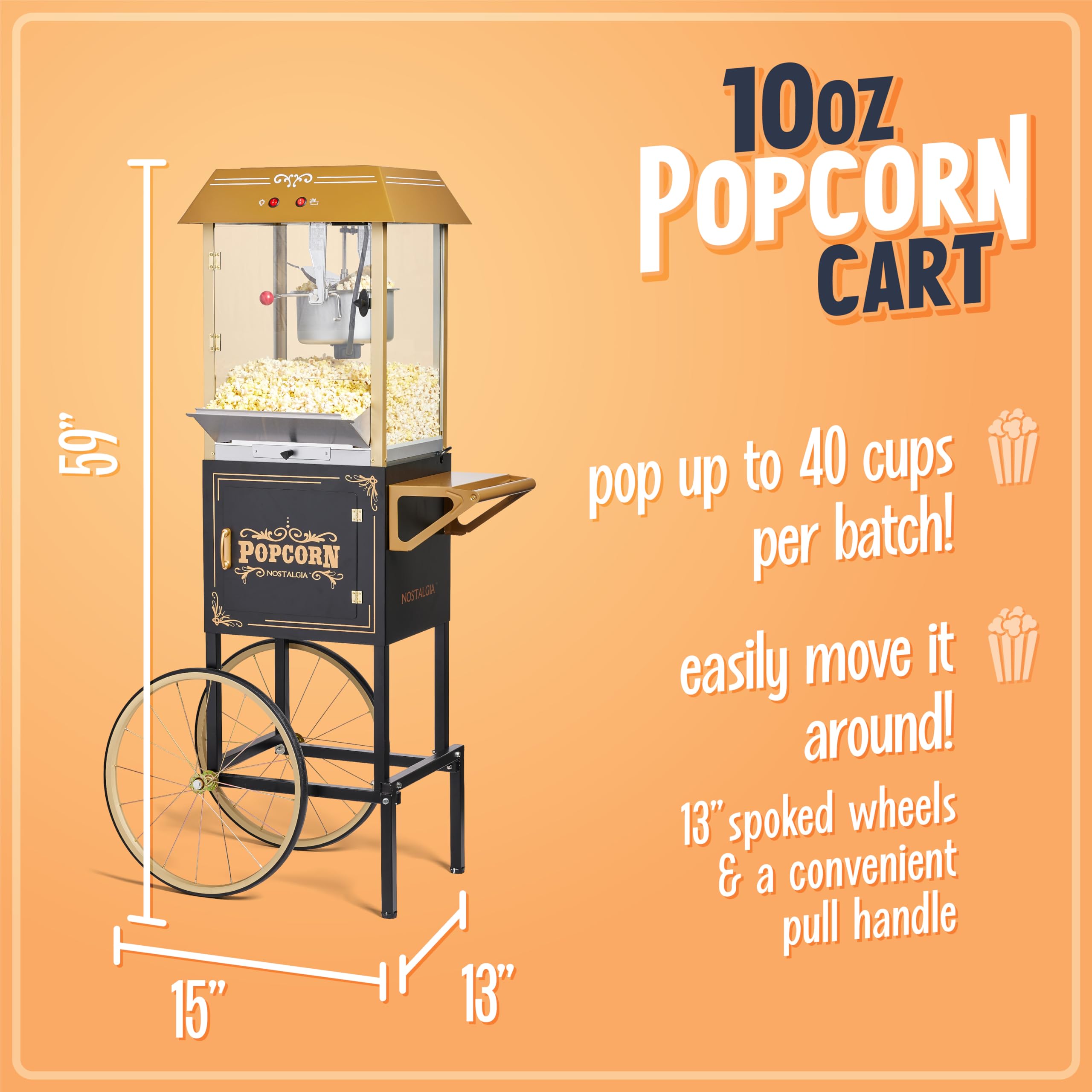 Nostalgia Popcorn Maker Machine - Professional Cart With 10 Oz Kettle Makes Up to 40 Cups - Vintage Lincoln Popper Popcorn Machine Movie Theater Style - Black