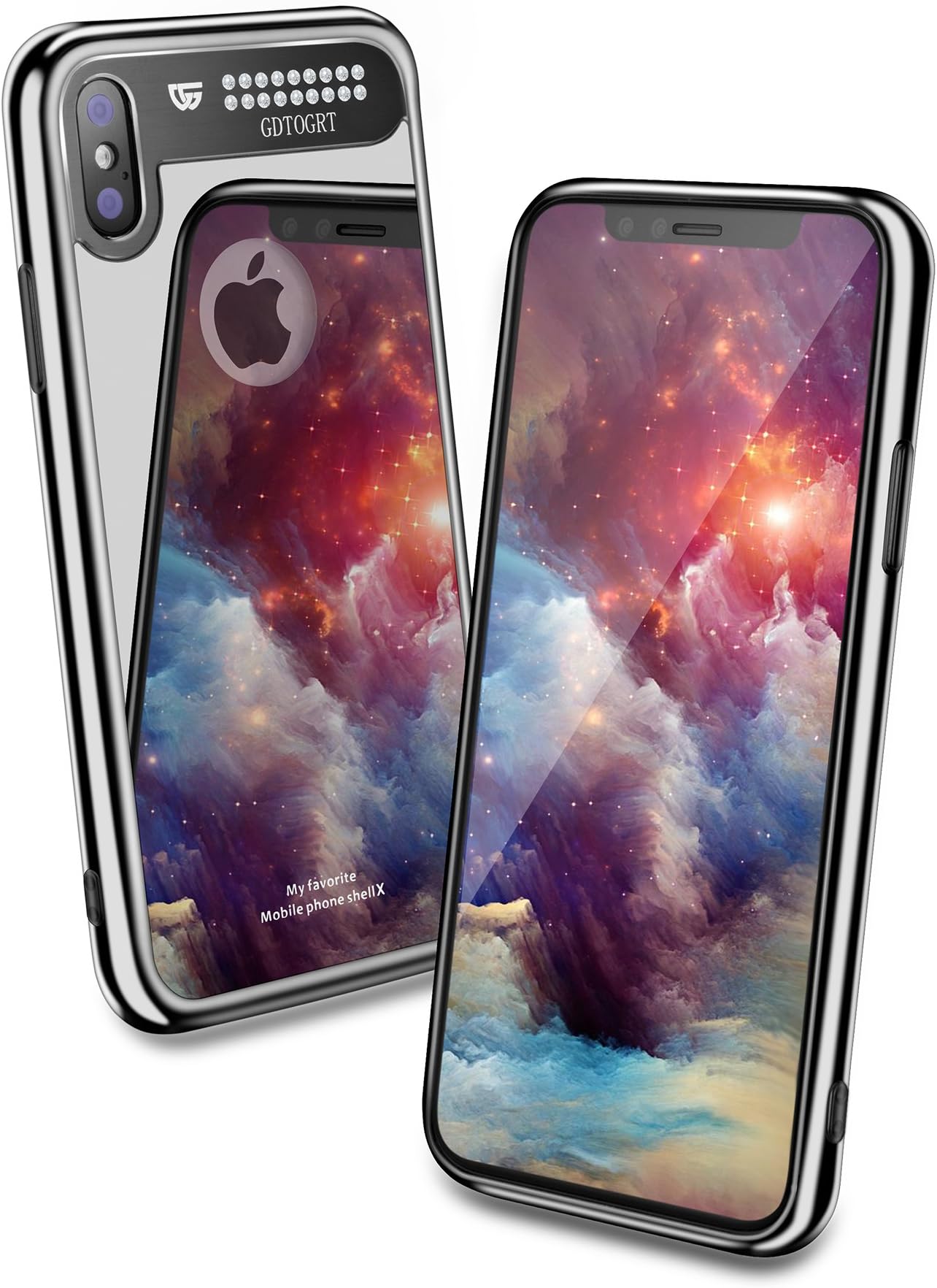 iPhone X Case, Tempered Glass Mirror Back Aluminum Bling Diamond Design Cute Glitter Hard Drop Protection Scratch-Resistant Cover Slim Bumper [Tpu Shock Absorption] for Apple iPhone X Black