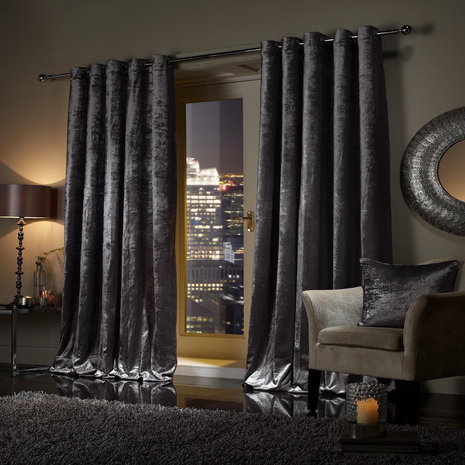 viceroy bedding Pair of Crushed Velvet Curtains Faux Velour EYELET RING TOP Fully Lined Curtains (CHARCOAL Dark Grey Silver, 90" Width x 108" Depth)