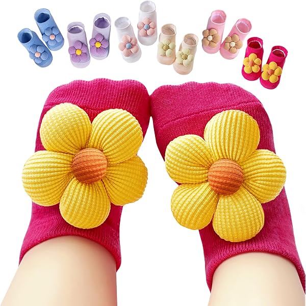 VWU Baby Non-Slip Grip Socks - Cute Flower Low-Cut Cotton Socks For Infant Toddler Girls & Boys (0-24 Months)