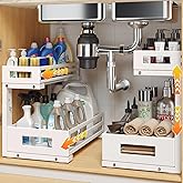 L-Shaped Metal Under Sink Organizer, 2-Tier Double Pull-Out Cabinet Organizer for Kitchen & Bathroom Storage, Height Adjustable, Smooth Cylinder Rail, White, 2 Packs